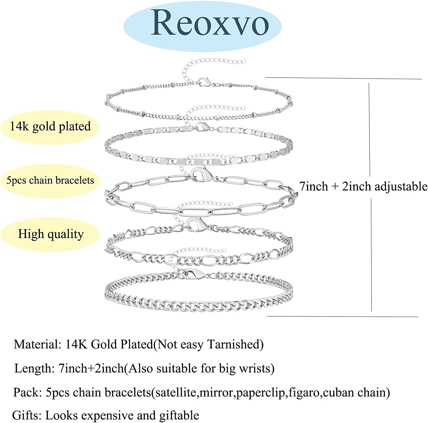 Reoxvo Dainty Gold Chain Bracelets Set for Women 14K Real Gold Plated Link Chain Bracelets for Women Trendy Gold Stackable Bracelets for Women Adjustable 7"+2" - Image 2
